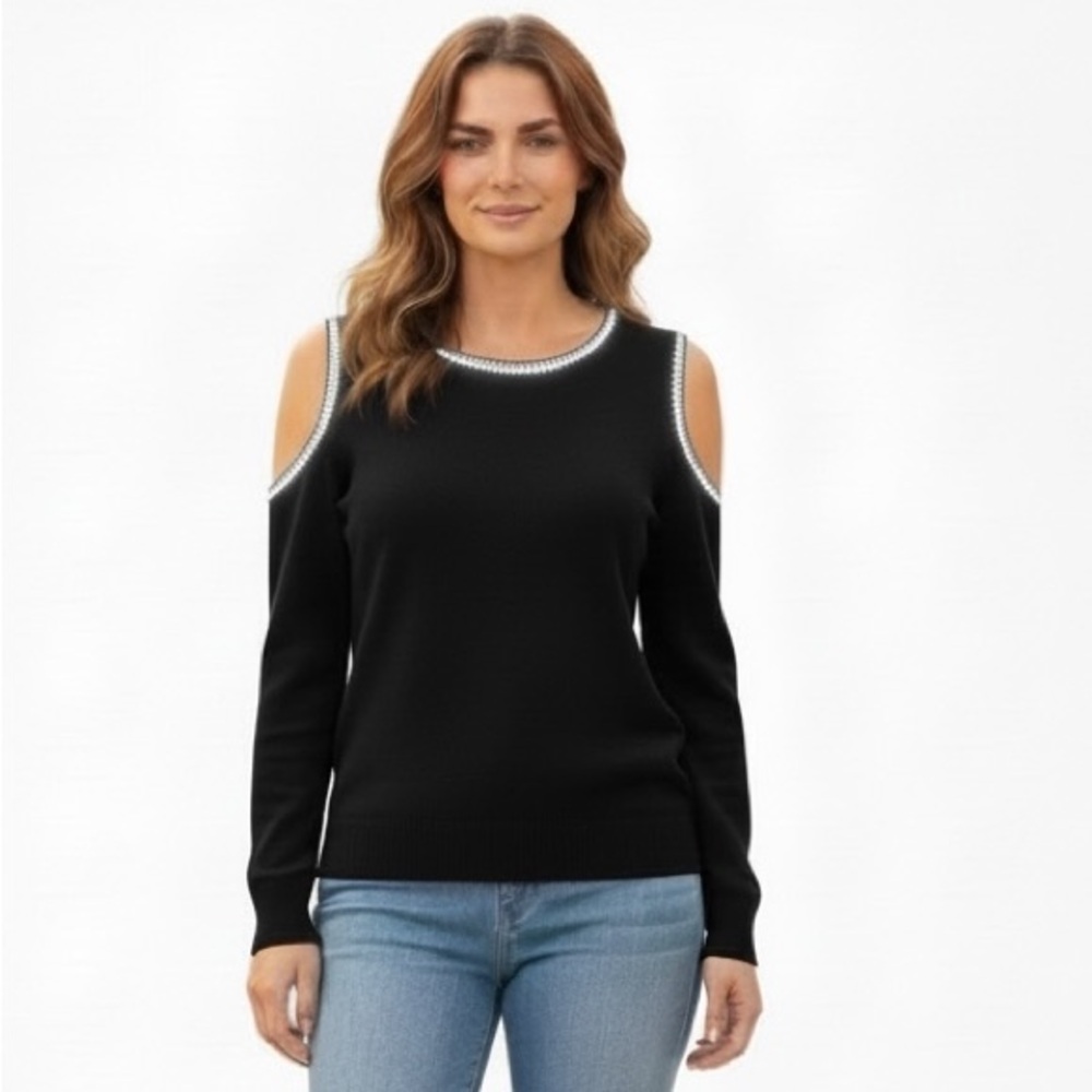 Minne Black Knit Cold Shoulder Sleeveless Sweater Metallic Trim size M/L